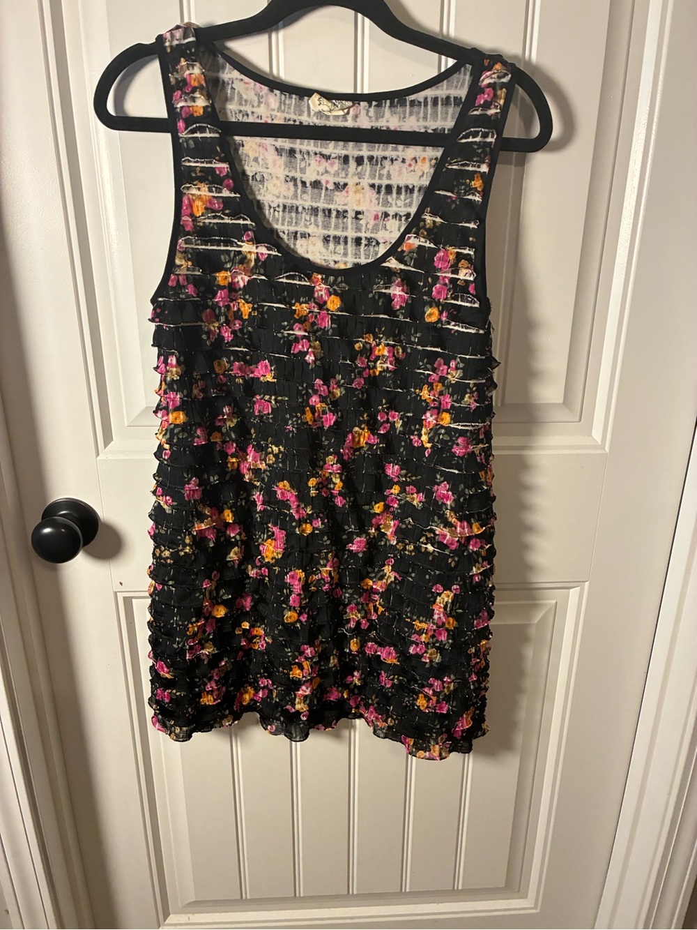 Free People Black Floral Ruffle Mini Dress with Pink & Yellow Blossoms